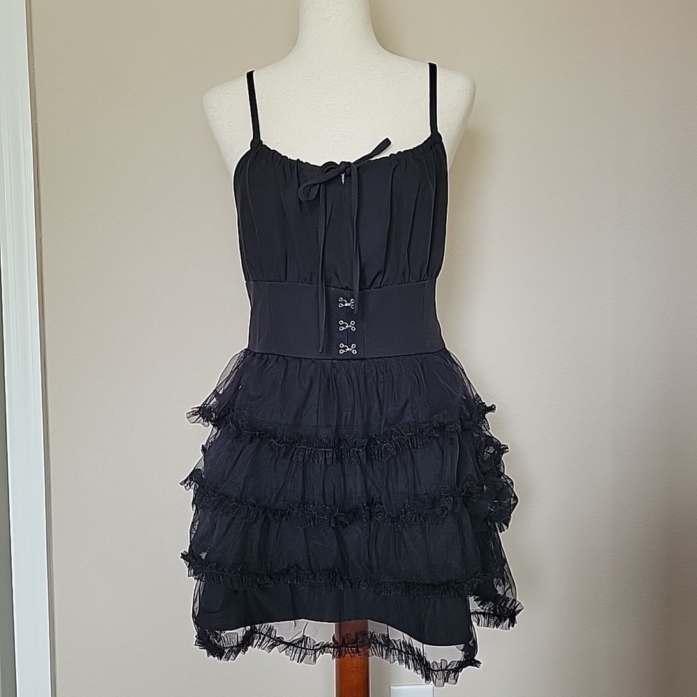 Hot Topic Dress Size L Black Corset Tiered Tulle Ruffle Cami Goth Witchy NWT